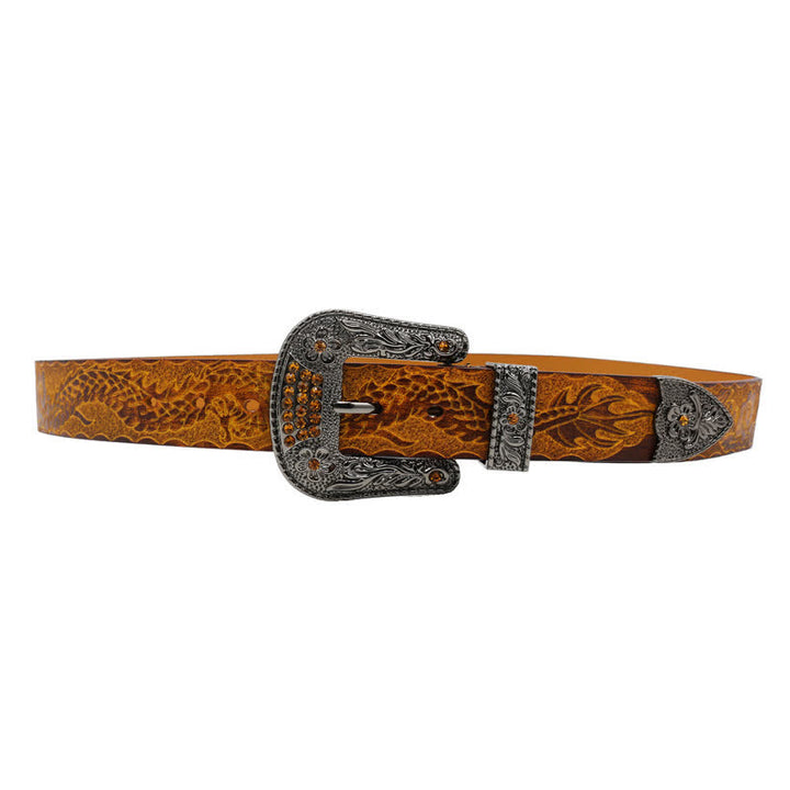 Cinturón de piel con dragón en relieve y hebilla floral para hombre