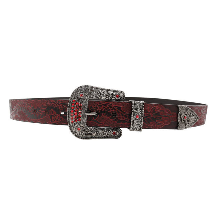 Cinturón de piel con dragón en relieve y hebilla floral para hombre