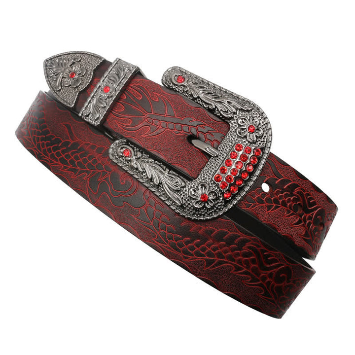 Cinturón de piel con dragón en relieve y hebilla floral para hombre