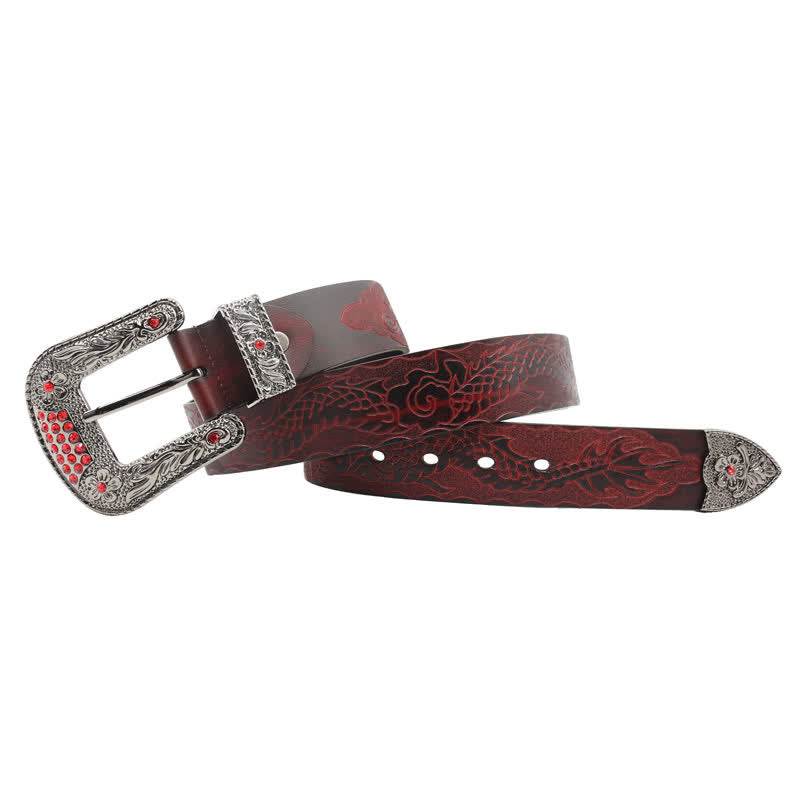 Cinturón de piel con dragón en relieve y hebilla floral para hombre