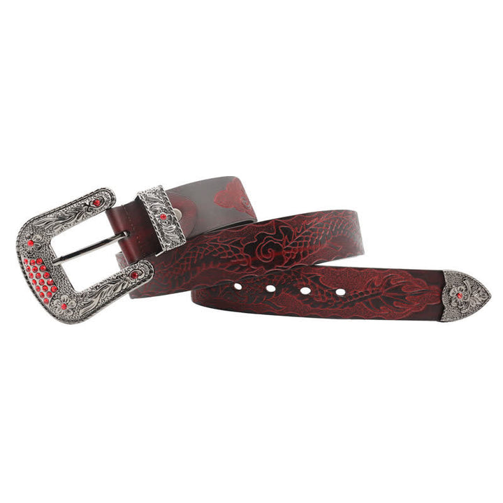 Cinturón de piel con dragón en relieve y hebilla floral para hombre