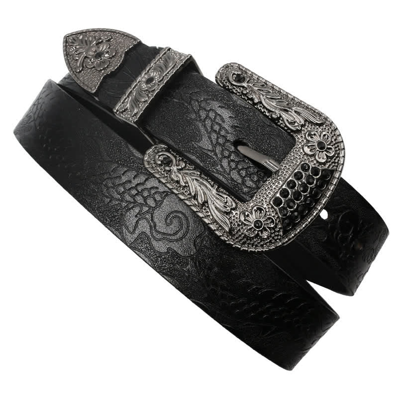 Cinturón de piel con dragón en relieve y hebilla floral para hombre