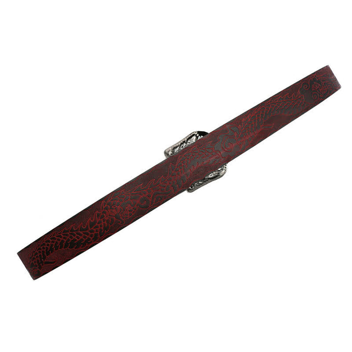 Cinturón de piel con dragón en relieve y hebilla floral para hombre