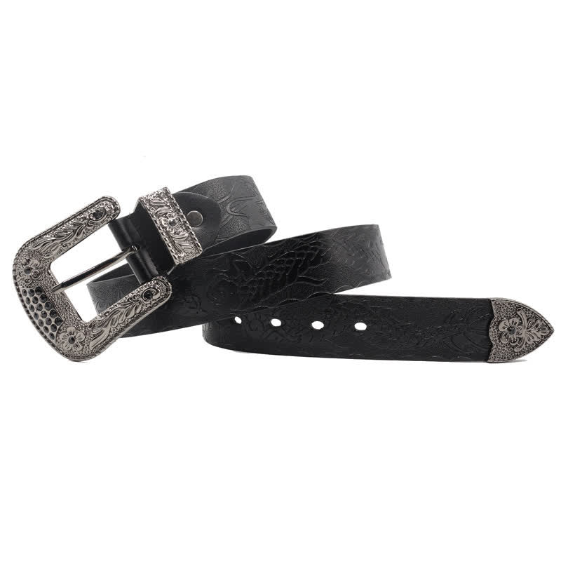 Cinturón de piel con dragón en relieve y hebilla floral para hombre