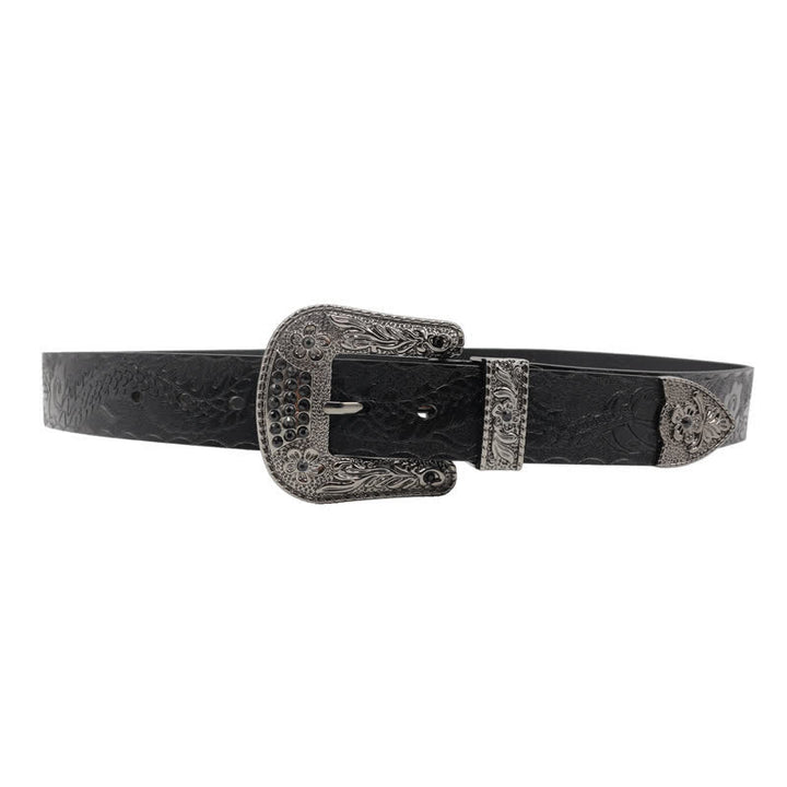 Cinturón de piel con dragón en relieve y hebilla floral para hombre