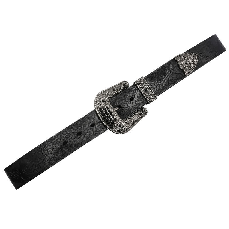 Cinturón de piel con dragón en relieve y hebilla floral para hombre