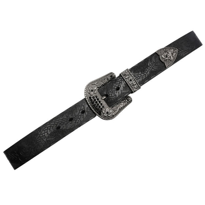 Cinturón de piel con dragón en relieve y hebilla floral para hombre