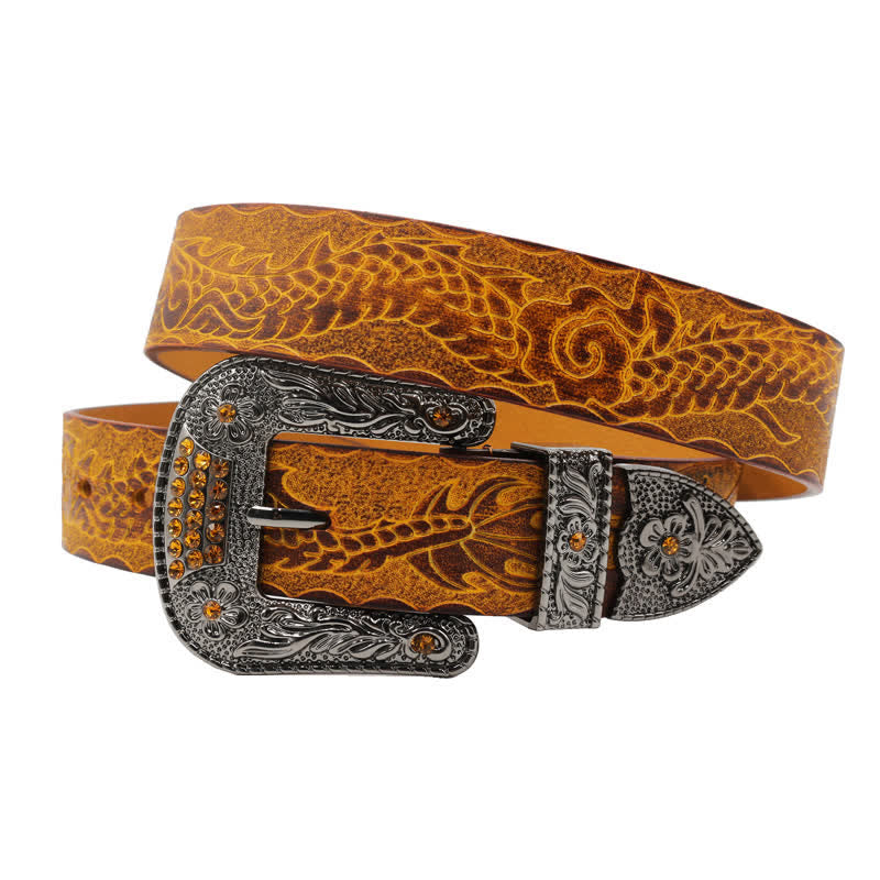Cinturón de piel con dragón en relieve y hebilla floral para hombre