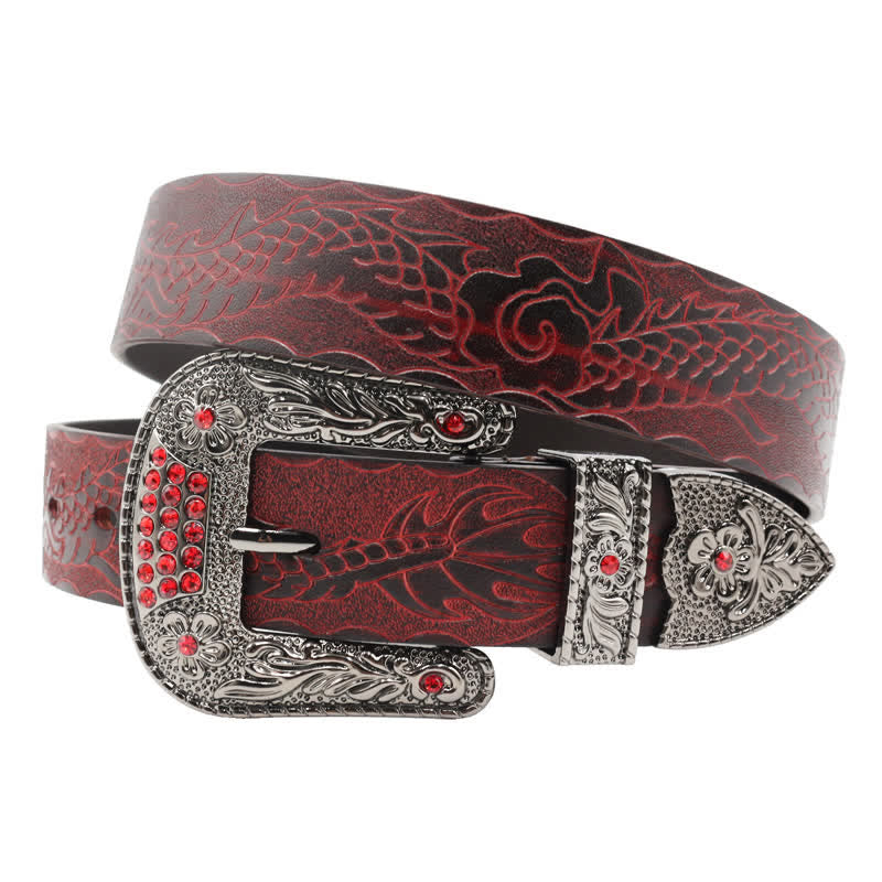 Cinturón de piel con dragón en relieve y hebilla floral para hombre