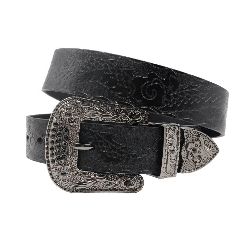 Cinturón de piel con dragón en relieve y hebilla floral para hombre