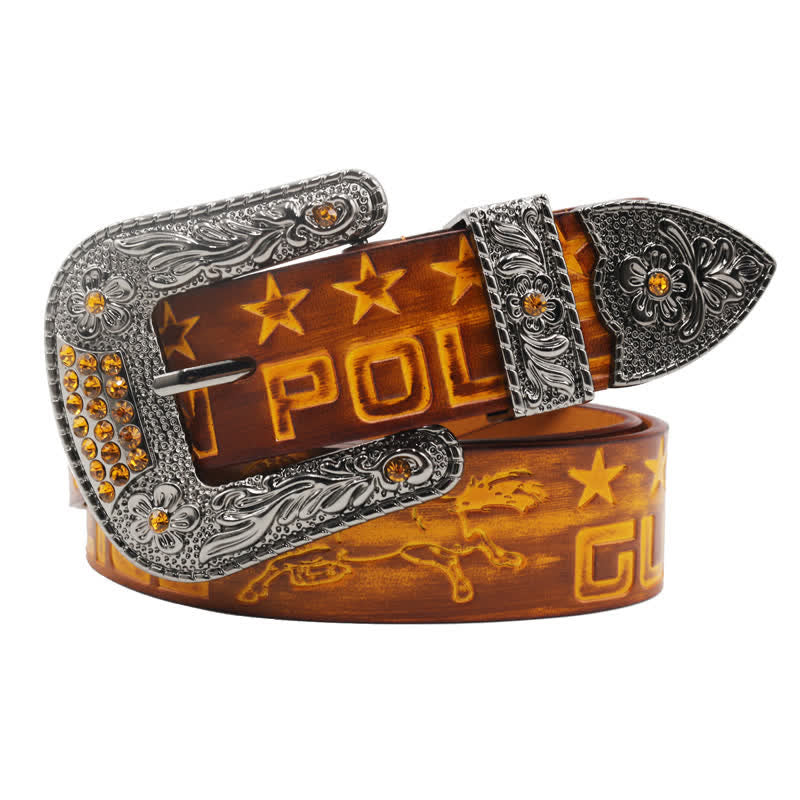 Cinturón de cuero con hebilla tallada y diseño de vaquero para hombre
