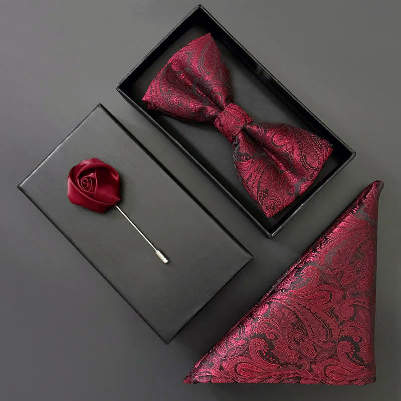 Precioso conjunto de 3 pajaritas y pañuelo color burdeos para hombre