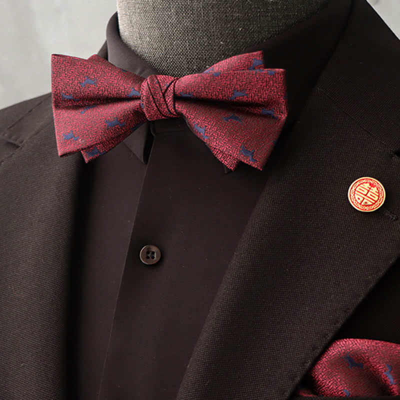 Conjunto de 2 pañuelos y pajaritas con estampado floral burdeos para hombre