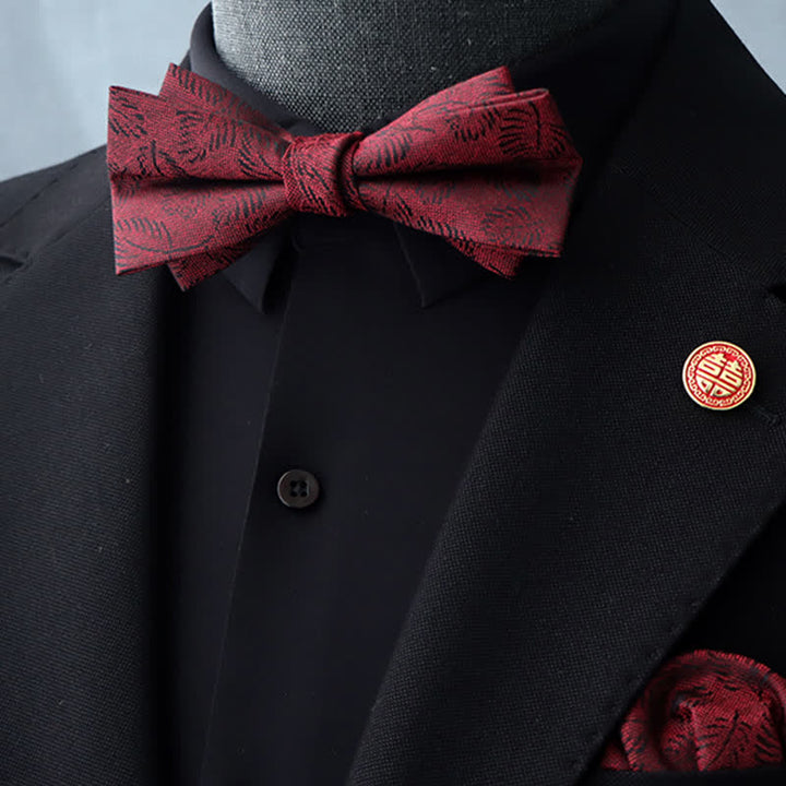 Conjunto de 2 pañuelos y pajaritas con estampado floral burdeos para hombre