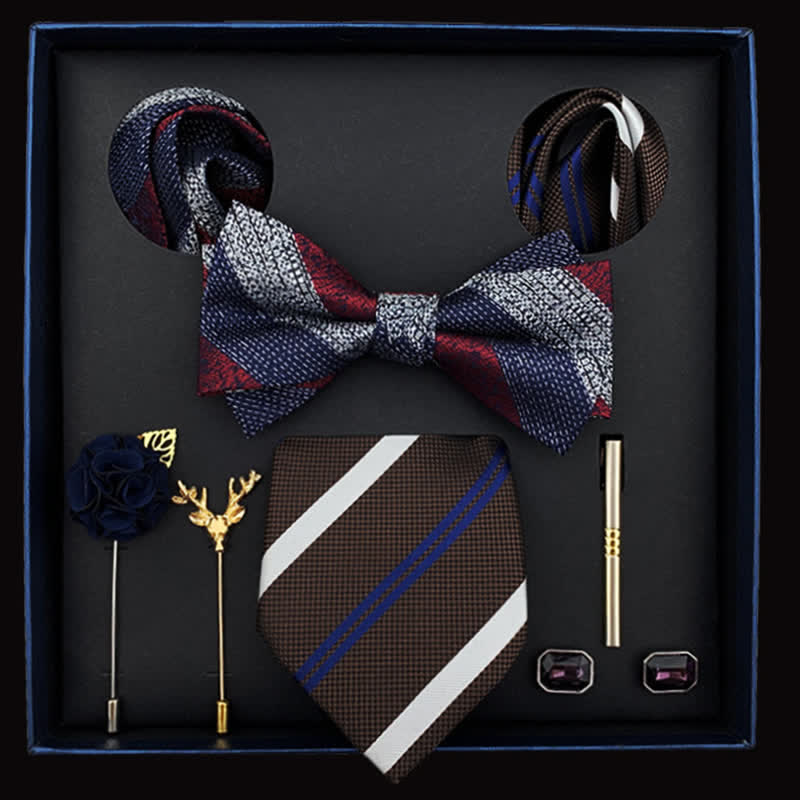 Caja de regalo con 8 pajaritas de lujo para hombre con tiras de color rojo café y azul marino