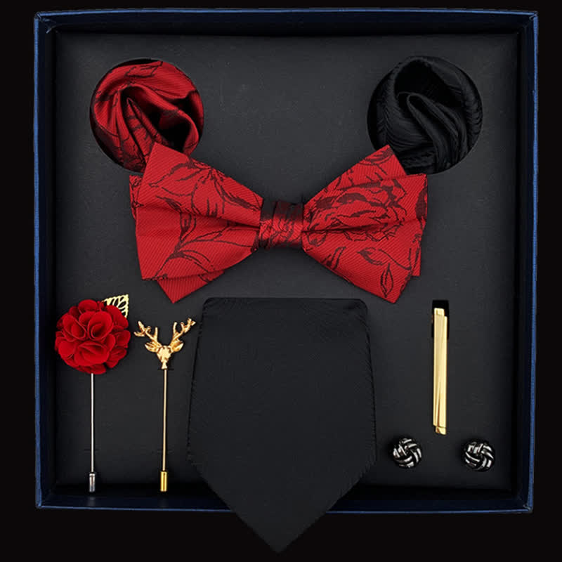 Caja de regalo con 8 pajaritas florales nobles negras y rojas para hombre