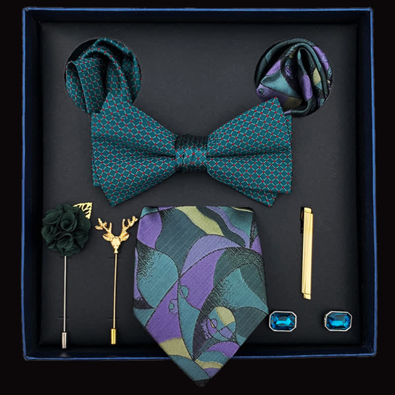 Caja de regalo con 8 pajaritas con diseño abstracto para hombre en color verde azulado y morado
