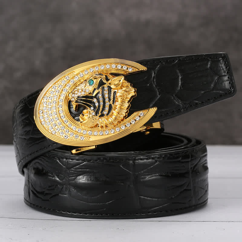 Cinturón de piel con diseño de cocodrilo y hebilla de tigre dorado para hombre