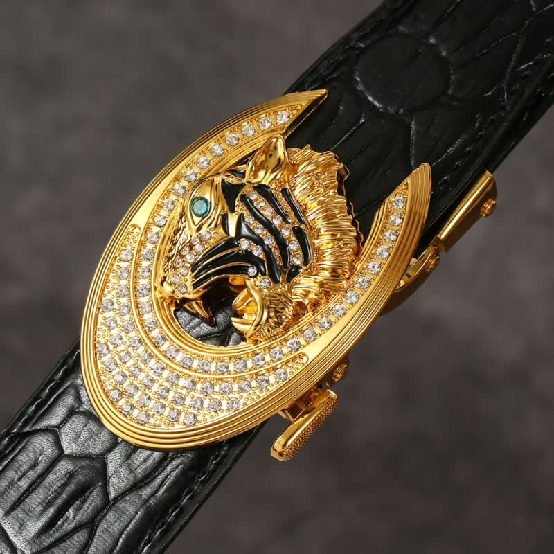 Cinturón de piel con diseño de cocodrilo y hebilla de tigre dorado para hombre