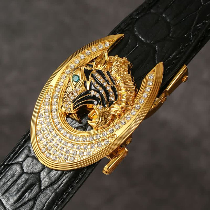 Cinturón de piel con diseño de cocodrilo y hebilla de tigre dorado para hombre