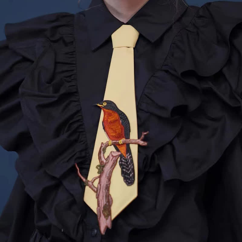Corbata con cremallera bordada con pájaro en una rama para mujer