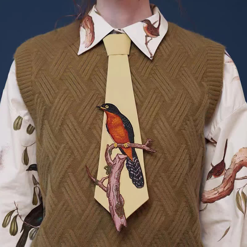 Corbata con cremallera bordada con pájaro en una rama para mujer