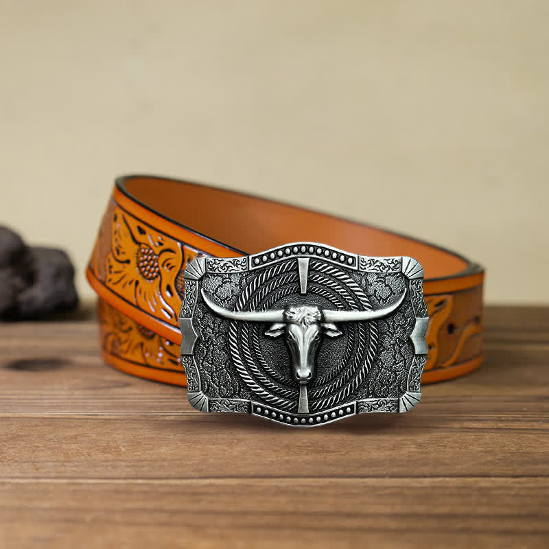 Cinturón de cuero con hebilla de cabeza de toro estilo western para hombre, hecho a mano