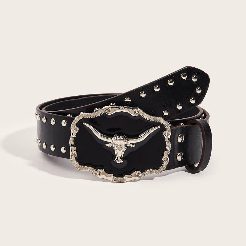 Cinturón de cuero con remaches de toro Longhorn negro para hombre