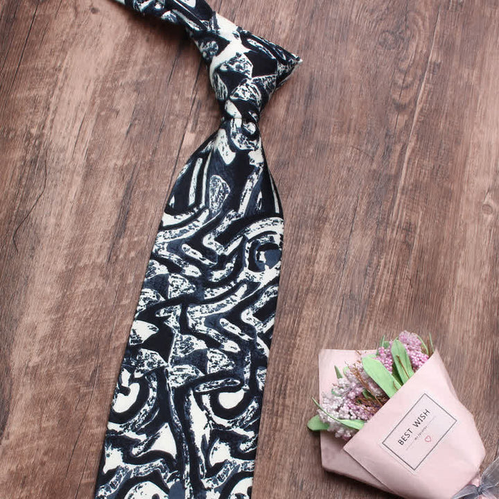 Corbata blanca con estampado abstracto azul oscuro para hombre