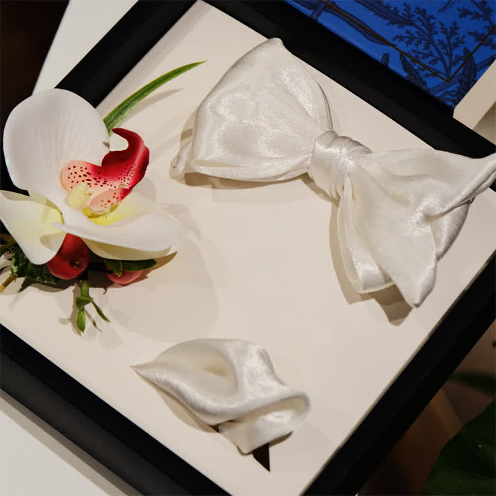 Juego de 3 pañuelos y pajaritas de Phalaenopsis blanca para hombre