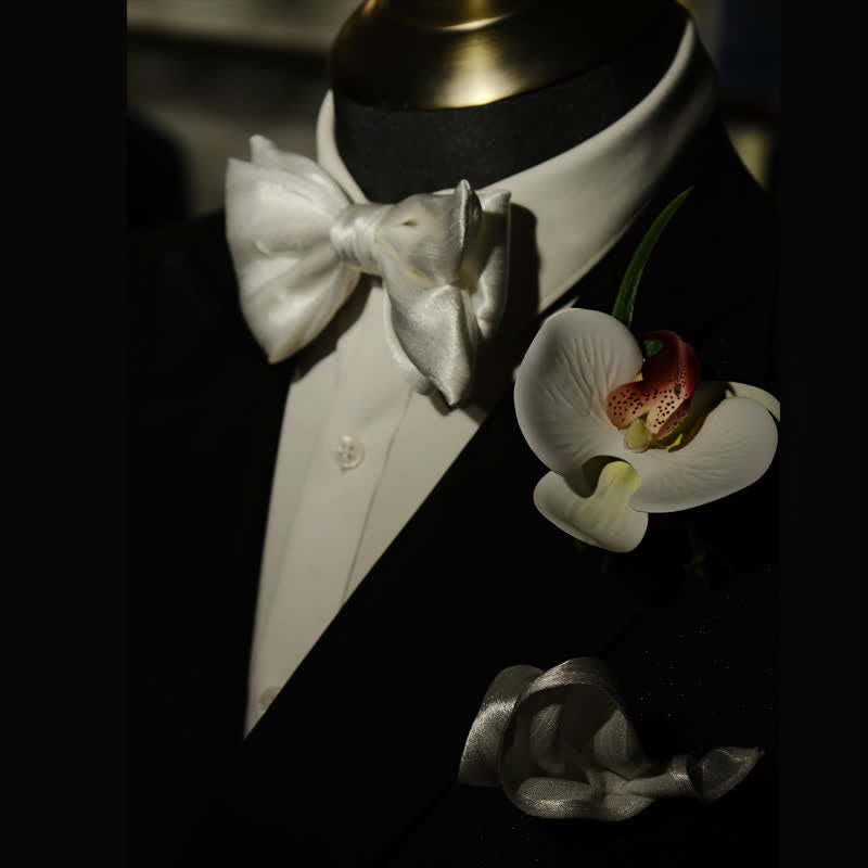 Juego de 3 pañuelos y pajaritas de Phalaenopsis blanca para hombre