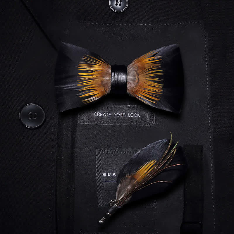 Pajarita con plumas de girasol en color naranja y negro para niños con prendedor de solapa