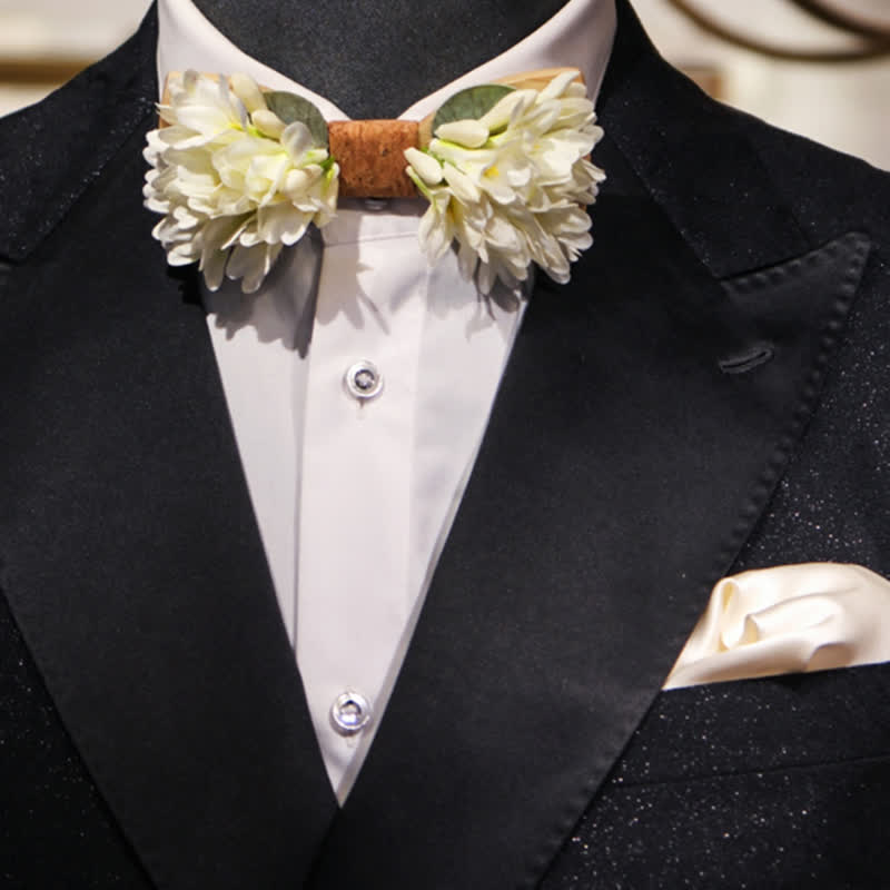 Pajarita de madera con flores artificiales de color blanco puro para hombre