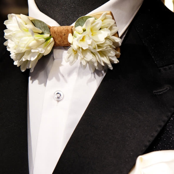 Pajarita de madera con flores artificiales de color blanco puro para hombre