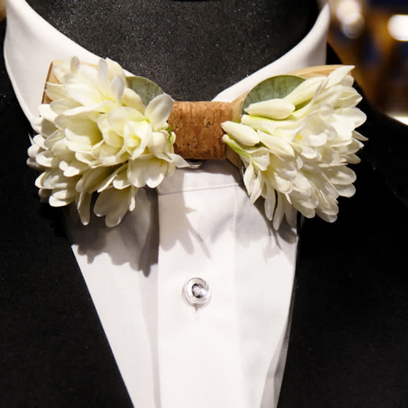Pajarita de madera con flores artificiales de color blanco puro para hombre