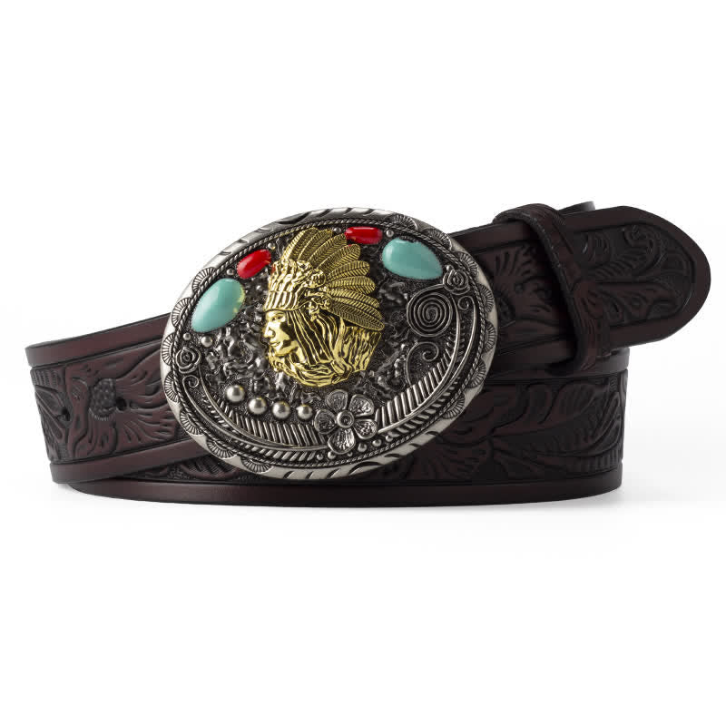 Cinturón de cuero estilo indio color turquesa para hombre