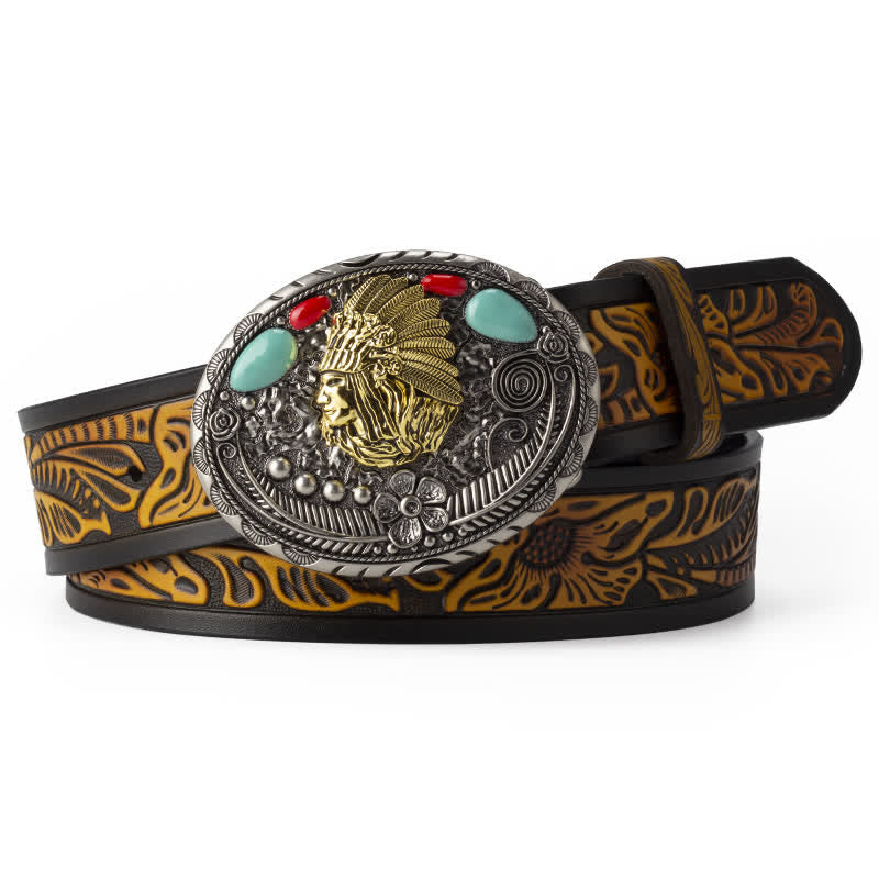 Cinturón de cuero estilo indio color turquesa para hombre