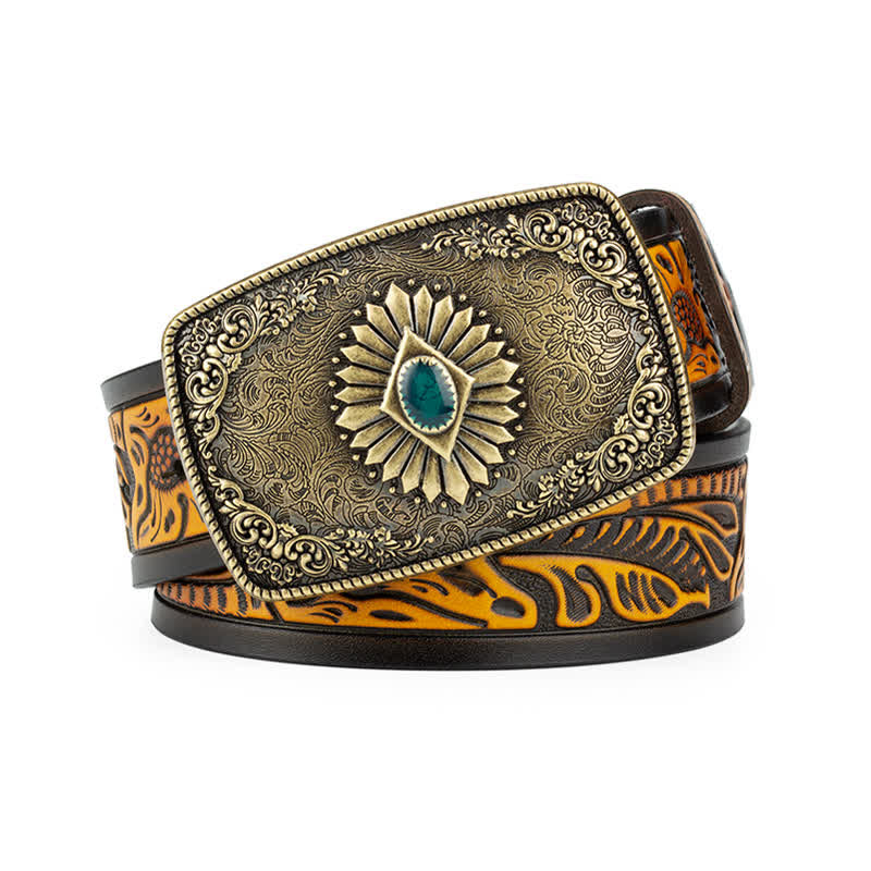 Cinturón de cuero con hebilla automática y estampado floral grabado para hombre