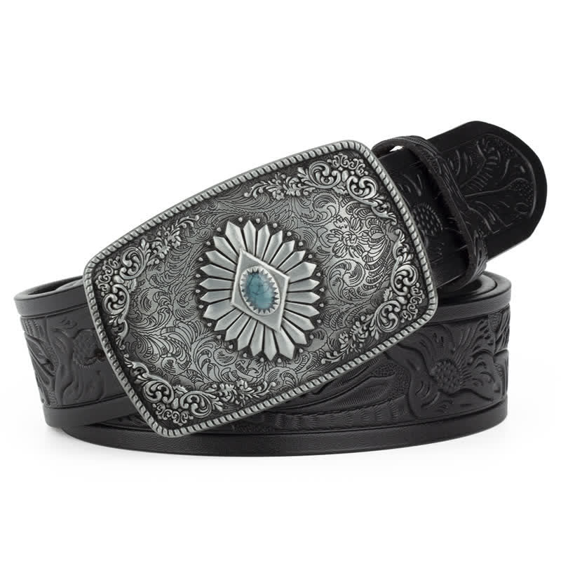 Cinturón de cuero con hebilla automática y estampado floral grabado para hombre