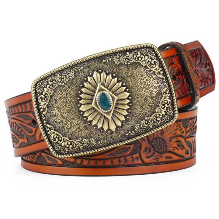 Cinturón de cuero con hebilla automática y estampado floral grabado para hombre
