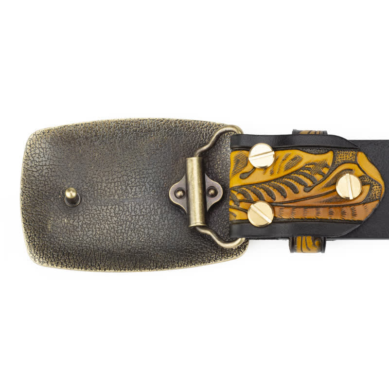 Cinturón de cuero con hebilla automática y estampado floral grabado para hombre