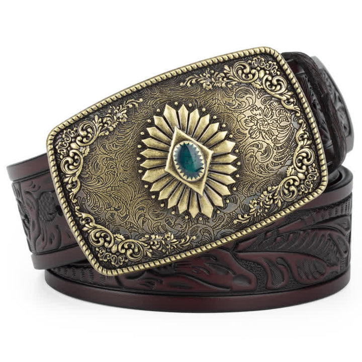Cinturón de cuero con hebilla automática y estampado floral grabado para hombre