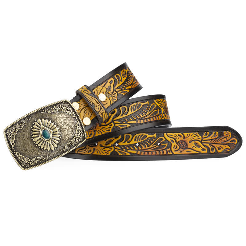Cinturón de cuero con hebilla automática y estampado floral grabado para hombre