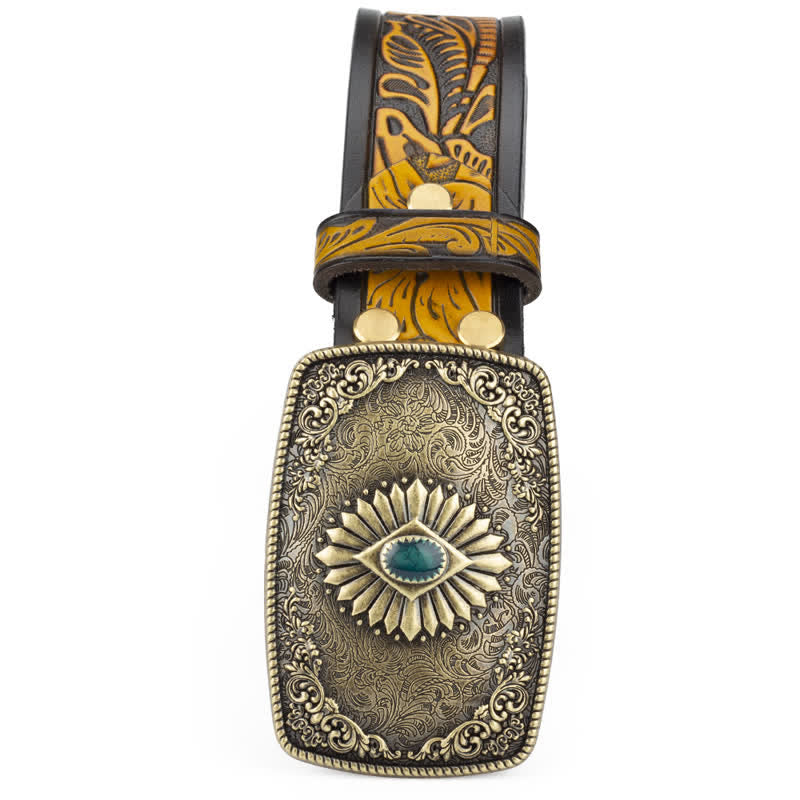 Cinturón de cuero con hebilla automática y estampado floral grabado para hombre