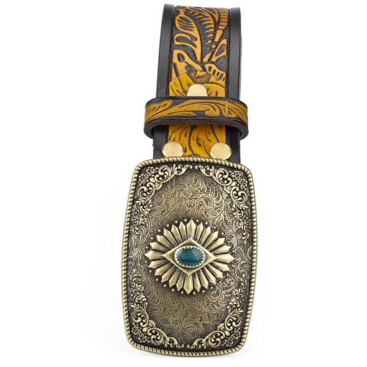 Cinturón de cuero con hebilla automática y estampado floral grabado para hombre