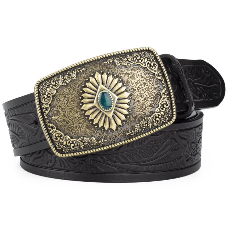 Cinturón de cuero con hebilla automática y estampado floral grabado para hombre