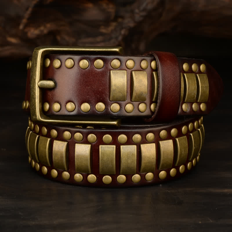 Cinturón de cuero con remaches cuadrados redondos y dorados antiguos para hombre