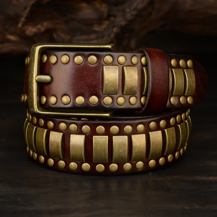 Cinturón de cuero con remaches cuadrados redondos y dorados antiguos para hombre