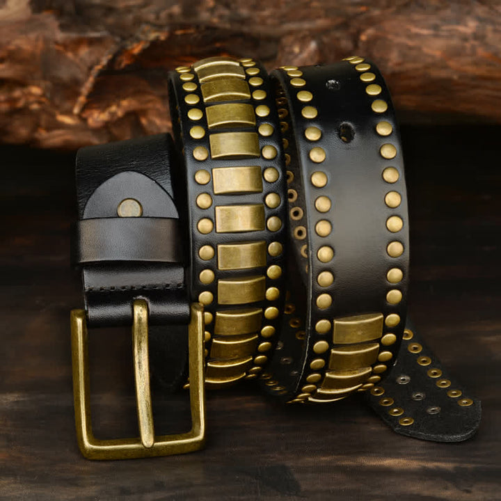 Cinturón de cuero con remaches cuadrados redondos y dorados antiguos para hombre
