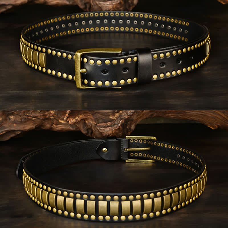 Cinturón de cuero con remaches cuadrados redondos y dorados antiguos para hombre